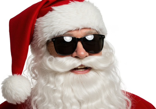 A cool santa claus wearing sunglasses smiles happily, isolated on a transparent background, ready for the holiday season