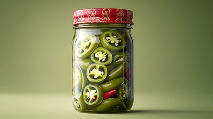 Spicy jalapeno slices packed in a glass jar, perfect for adding a kick to your meals, preserved in a brine to maintain flavor and freshness.