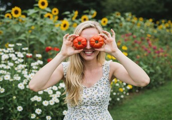 A smiling woman in a summer dress stands in a garden, holding two ripe tomatoes to her eyes.