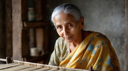 Portrait of a old woman is weaving process
