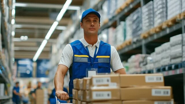 Retail store employee pushing a large cart stacked high with restock boxes through a busy supermarket aisle