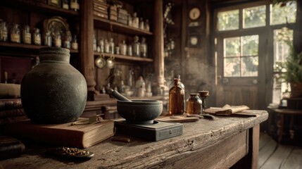 Fototapeta premium Compounding pharmacy station with mortar and scale