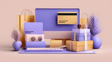 Online Shopping with Computer, Credit Card, Gifts and Decorations