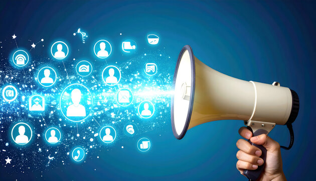 Amplifying digital messages across a glowing network of interconnected user icons