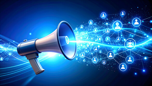 Megaphone projecting light and connecting people in a dynamic, illuminated social network