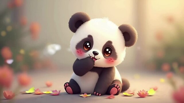 Adorable Baby Panda Cub Amidst Falling Petals