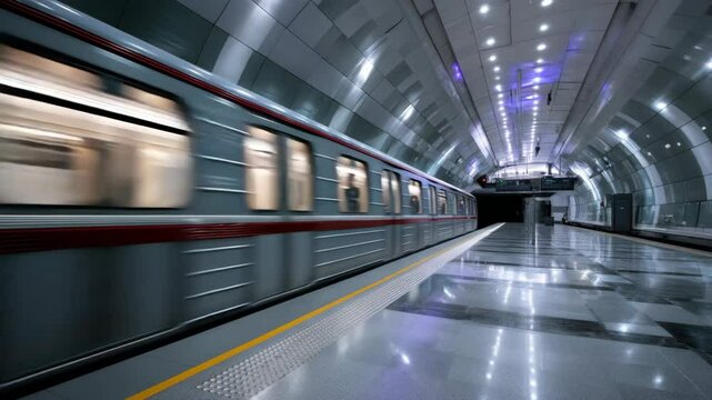 A speeding train within a modern, luminous subway station. The image has a sense of speed and urban transit