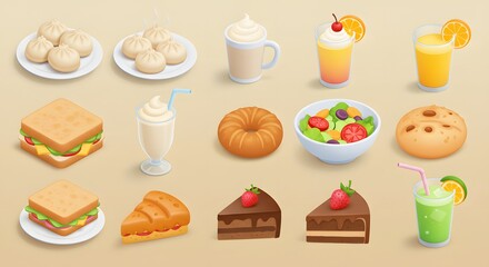 Variety of Delicious Foods and Refreshing Beverages Featuring Desserts Salads and Snacks