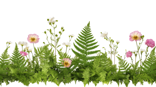 Floral border with ferns and wildflowers isolated on white background