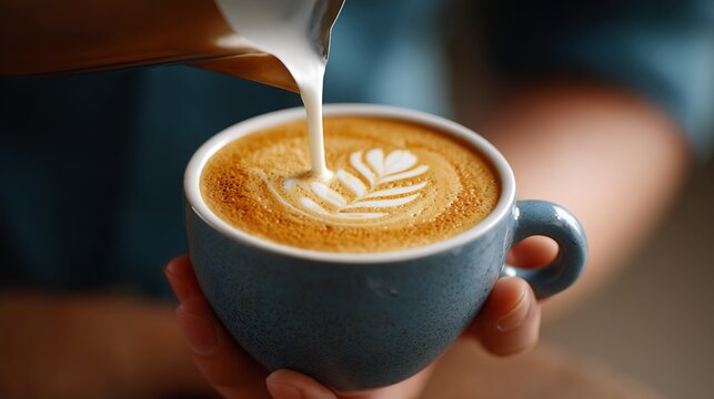 Barista Pouring milk into a cup of coffee, Latte art.