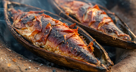 Mozambican Peixe Fumado. kingfish smoked in baobab bark shells, mahogany-colored flesh peeling away, coastal smoke pit 