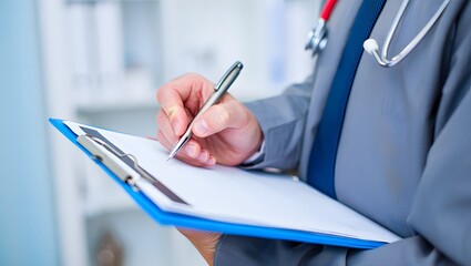 Doctor writing medical report on clipboard in hospital healthcare professional concept