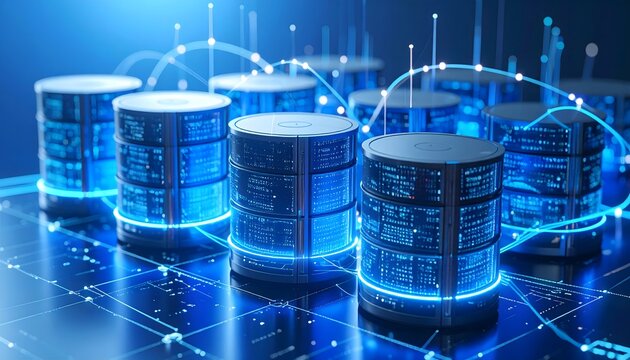 Modern server stacks illustrate data center infrastructure and cloud computing network.