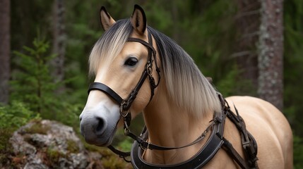 Fjord horse from Norway with signature dorsal stripe, harnessed for forest logging work.