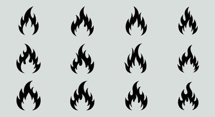 Fire Flame Icon Set: An eye-catching collection of black fire flame icons, representing the powerful and dynamic nature of fire, perfect for a variety of design projects.