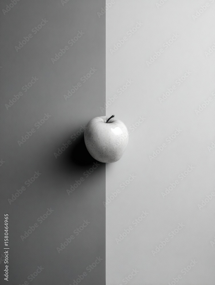 Poster grayscale layout featuring a single colored apple highlighting minimalist design in a symmetrical co