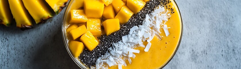 A delicious smoothie bowl is topped with fruits and toppings