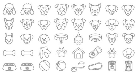 Dog breeds icons set: A comprehensive collection of dog breed icons, including various popular breeds and dog-related accessories, perfect for pet-related designs and projects. 