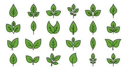 Green Leaf Icons Collection: A diverse set of minimalistic green leaf icons, perfect for eco-friendly branding, nature-themed designs, and botanical illustrations.