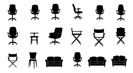 Chair Collection: A diverse set of chair silhouettes, including office chairs, director's chairs, and sofas, ideal for design projects or presentations.