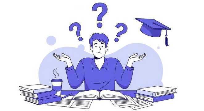 Confused male student with open book, coffee cup, graduation cap and question marks - Powered by Adobe