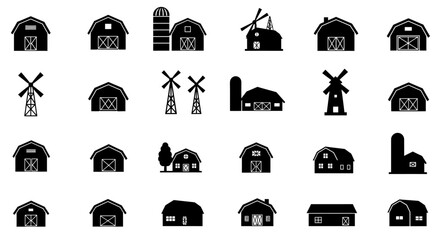 Farms and Barns Icons: A diverse collection of farm and barn icons, perfectly designed for agricultural themes. Ideal for design projects or creating visually appealing graphics.