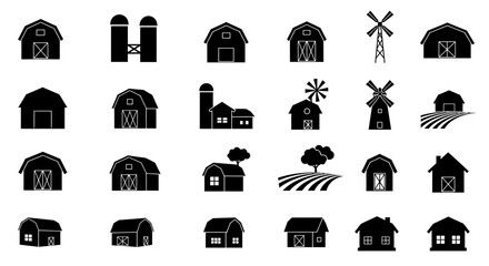 Farm Silhouette Icons: A collection of diverse and stylish silhouette icons that encapsulate the essence of rustic charm and rural landscapes, showcasing farm buildings, windmills, and fields.