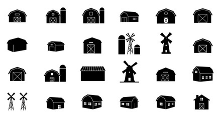 Farm Buildings and windmill Icons: A collection of detailed illustrations, depicting barns, silos, and windmills, perfect for showcasing rural charm, agricultural, and environmental themes. 