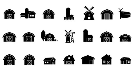 Rural Silhouette: A minimalist black and white collection of farm buildings, evoking the charm of the countryside and agricultural life. 