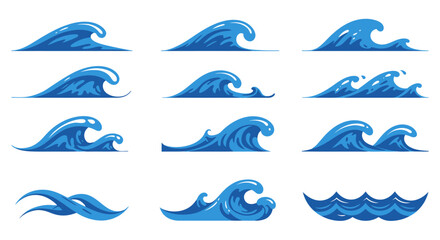 Ocean Waves Illustration Set: A vibrant illustration capturing the dynamic movement and diverse forms of ocean waves, perfect for design projects related to water, nature, and coastal themes.