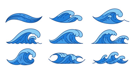 Ocean Wave Set: A collection of twelve unique stylized ocean wave illustrations, perfect for adding a nautical touch to your designs.  Each wave is rendered in a simple, elegant style.