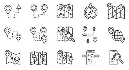 Navigational Cartography Icons: A collection of detailed line icons showcasing various navigational and cartographic elements for map exploration and direction.