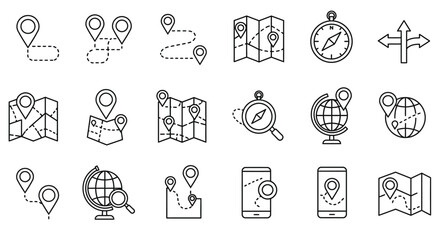 Navigational Icons: A collection of minimalistic icons representing travel elements like maps, location markers, compasses, and globes, all essential for exploration. 