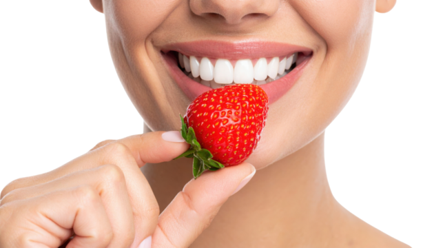 A close-up of a smiling woman holding a fresh, ripe strawberry near her mouth against a black background.