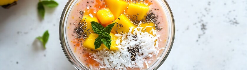 A delicious tropical smoothie bowl with fresh fruit and toppings