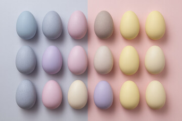 Pastel egg arrangement, soft colored eggs in neat rows on split pink and purple background, minimal flat lay style, spring and Easter festive mood