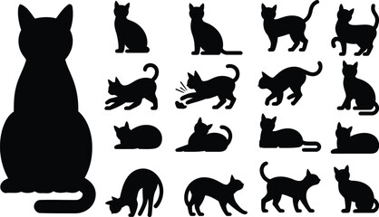 Fototapeta premium Cat silhouette vector collection with sitting, walking, and playing cats for pet, animal, and cartoon design