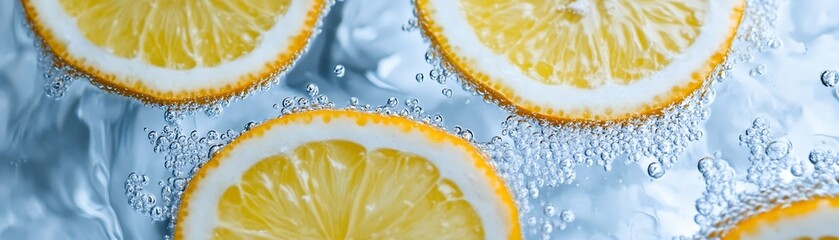 Several vibrant yellow lemon slices submerged in clear sparkling water