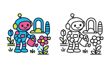 Naklejka premium Cute Robots Gardening in Space – Half Colored and Line Art Vector Illustration for Kids