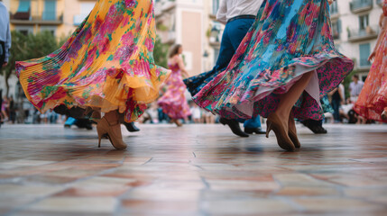Close-Up of Traditional Dresses in Motion During Festa Major de Gràcia Dance Performance in Barcelona
