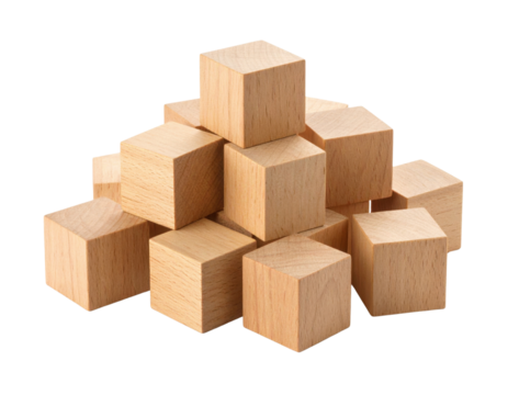 A pile of natural wooden cubes stacked together, showcasing smooth surfaces and visible wood grain textures.