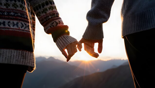 Couple holding hands at sunset in mountains romantic love relationship concept photo