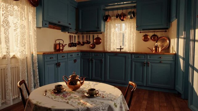 A classic and cozy kitchen with a touch of vintage charm, decorated with blue cabinets, copper cookware, and a round dining table, the sunlight illuminates the space