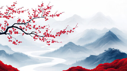 Elegant asian landscape depicting misty mountains cherry blossoms and flowing river