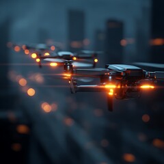 Futuristic Drone Swarm Over Cityscape with Glowing Lights in a Night