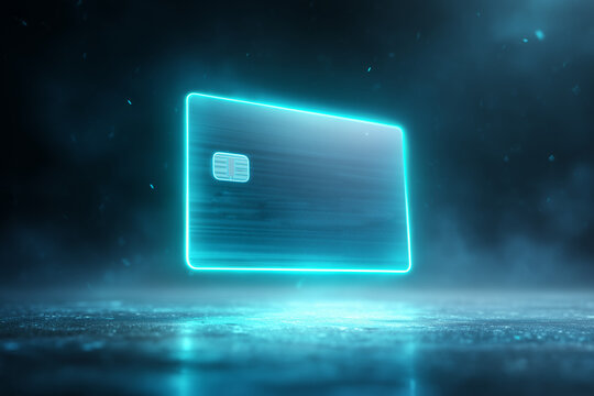 Holographic credit card icon with glowing blue outline, representing secure digital payments, advanced financial technology, and the future of banking, emphasizing online transactions and data securit