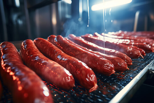 High-quality meat products being produced in sausage processing line
