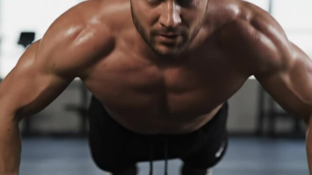 Athletic man performing push-ups in a modern gym, showcasing strength and determination, with a bright and spacious workout environment enhancing the fitness experience