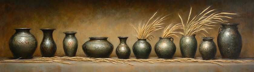 A collection of vases featuring decorative wheat stalks in still life