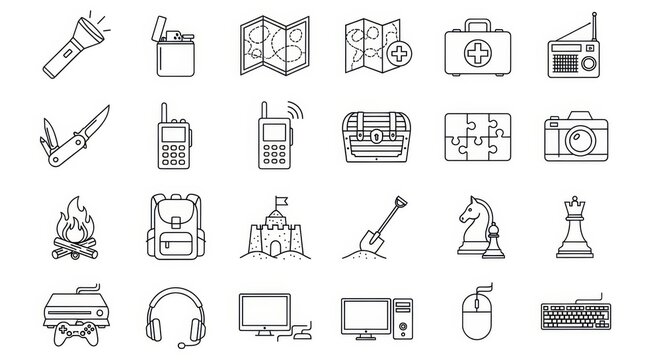Outline icons set: outdoor, adventure and travel elements on white background